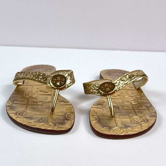 Tory Burch Thora Sandals Womens 6 Gold Glitter Thong Flip Flop Shoes Metallic - Picture 7 of 11